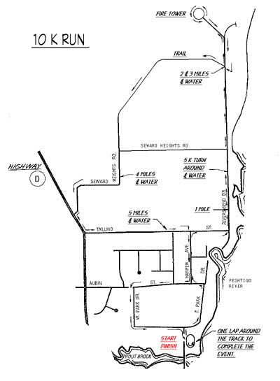 Fire Tower Race - Peshtigo, WI. The course features scenic river views, a wooded trail, and quiet roads.